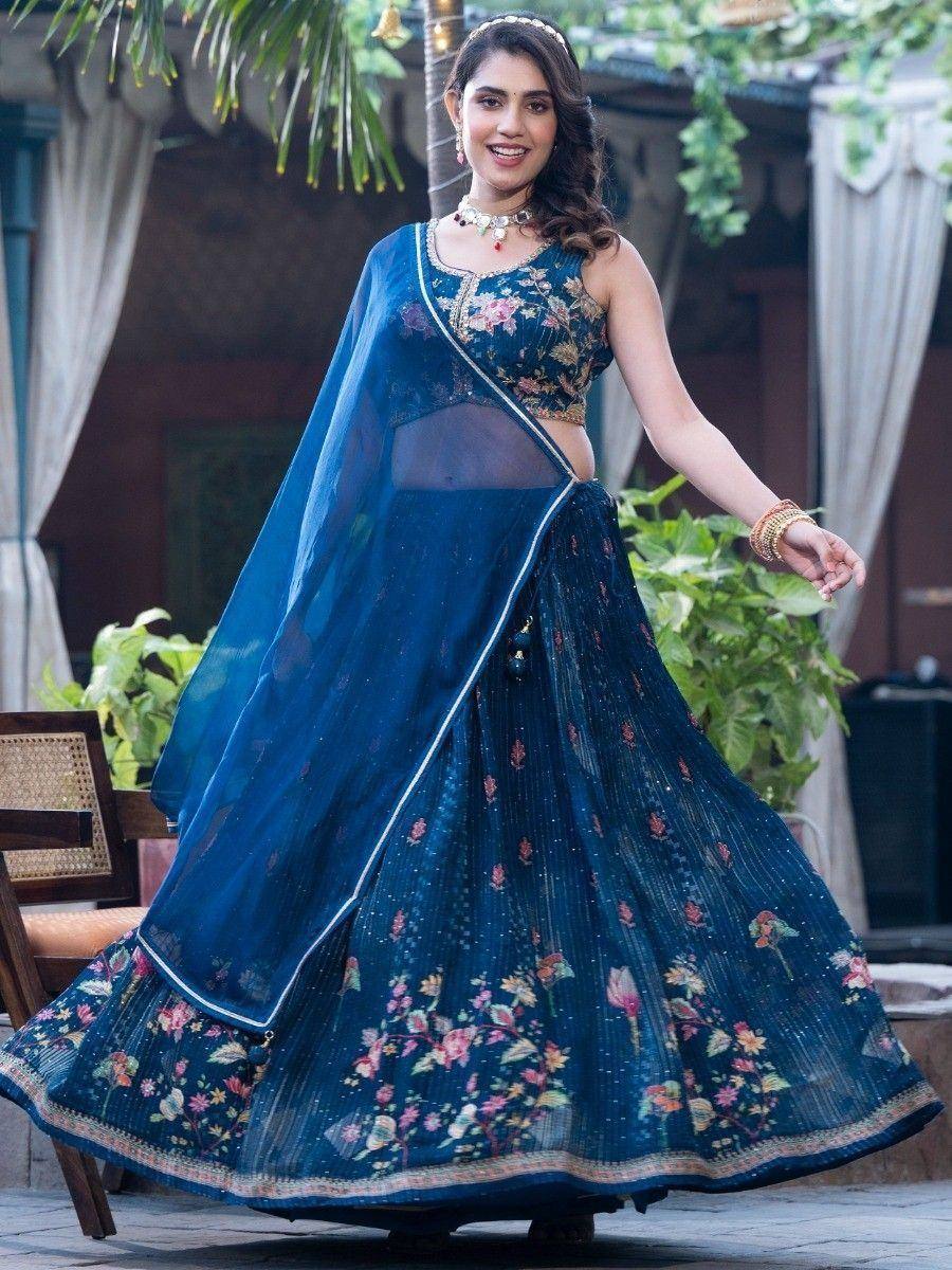 Blue floral lehenga choli with sheer dupatta, perfect for Indian ethnic occasions and weddings