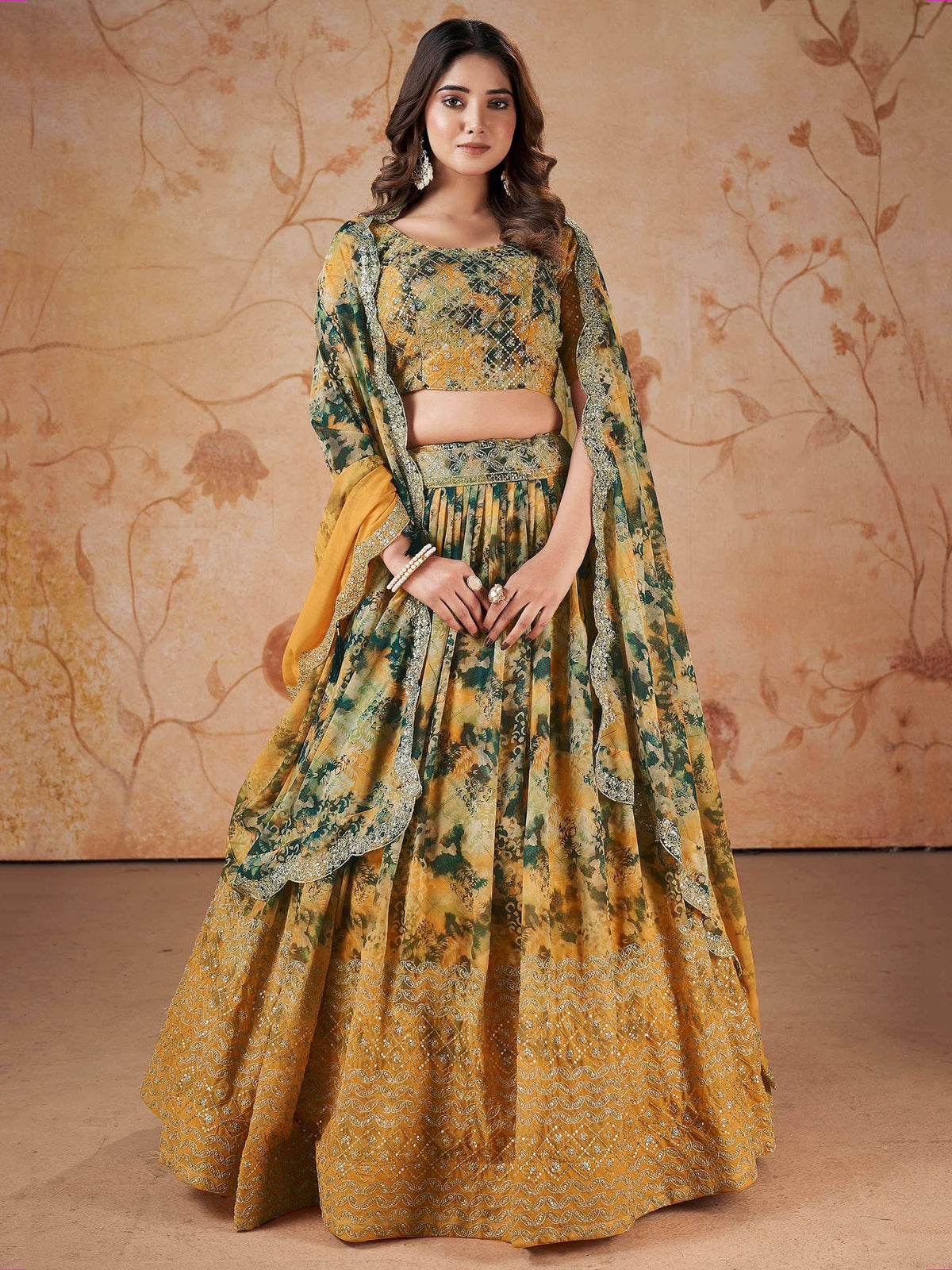 Yellow and green printed lehenga choli with embroidery, perfect for Indian ethnic wear occasions