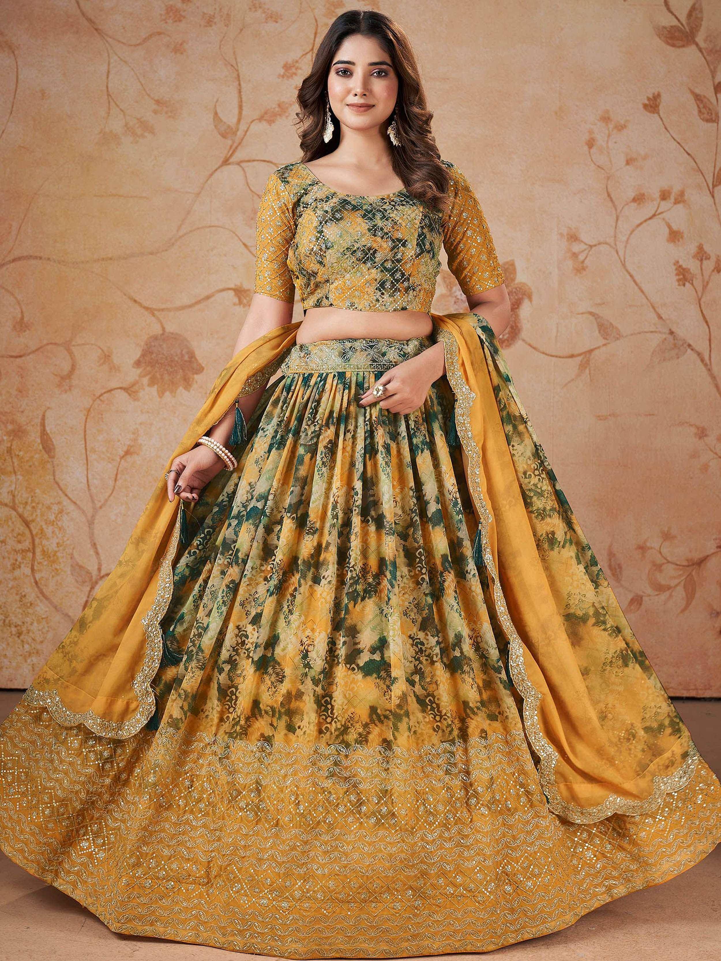 Yellow and green floral print lehenga choli with embroidered border and dupatta for Indian ethnic wear