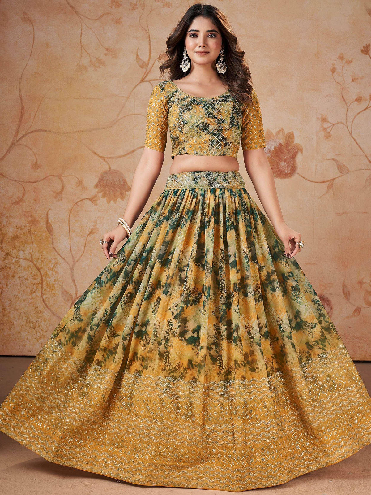 Yellow and green floral printed lehenga choli with embroidered border, perfect for Indian ethnic occasions
