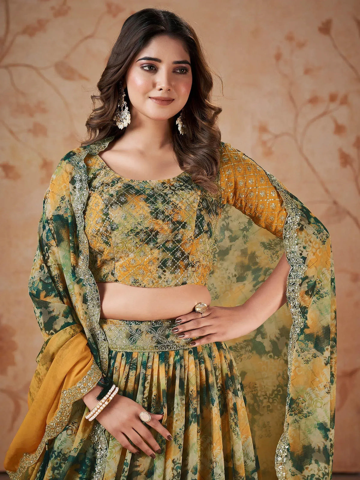 Elegant mustard and green floral printed lehenga choli with sequin embroidery and dupatta