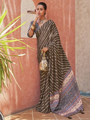 Beautiful Brown Digital Printed Crepe Festive Wear Saree With Blouse