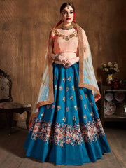 Teal Blue Thread Work Raw Silk Bridal Lehenga With Peach Choli And Off-White Dupatta