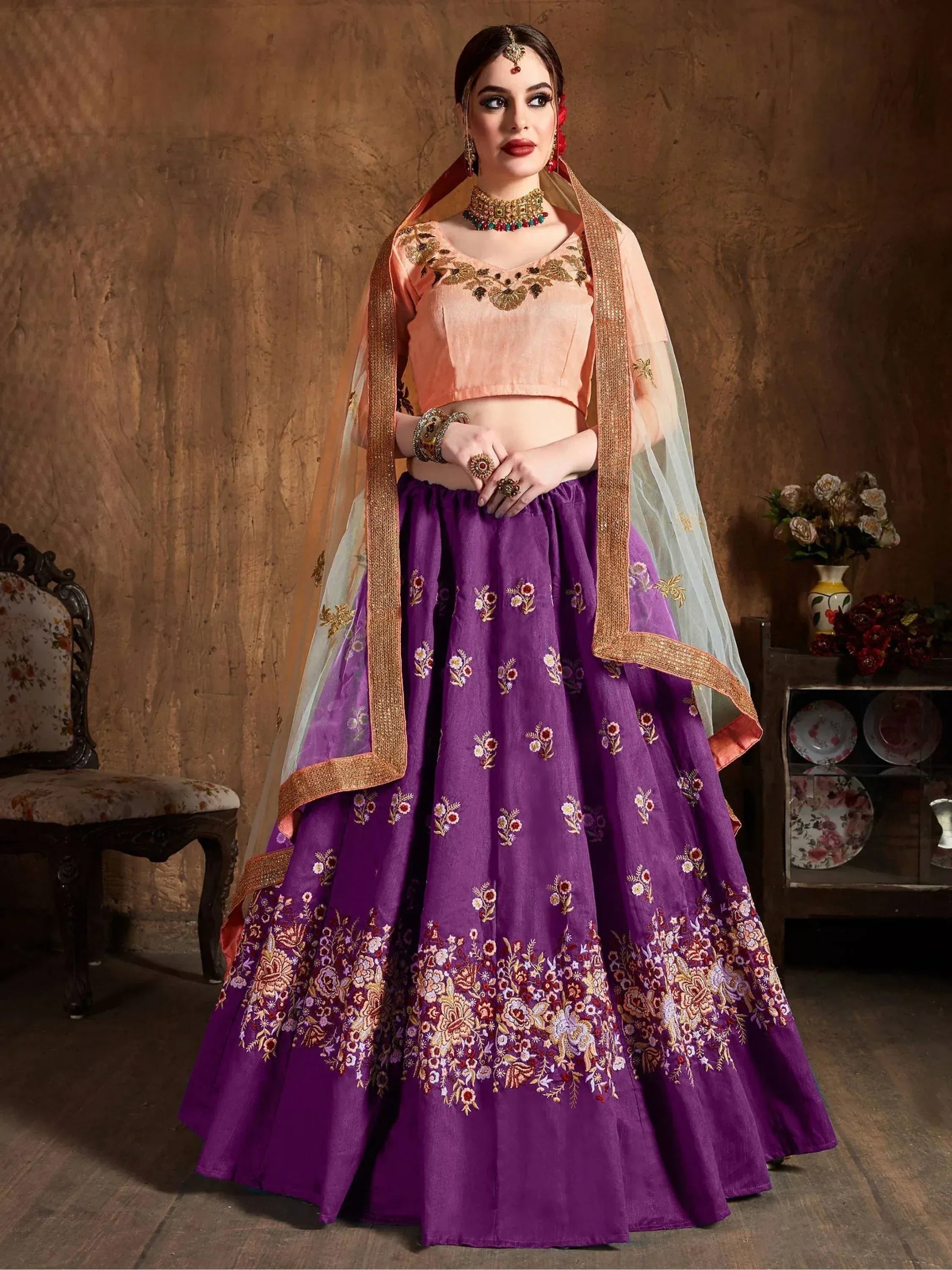 Purple embroidered lehenga choli with peach blouse and dupatta, Indian ethnic wear for weddings