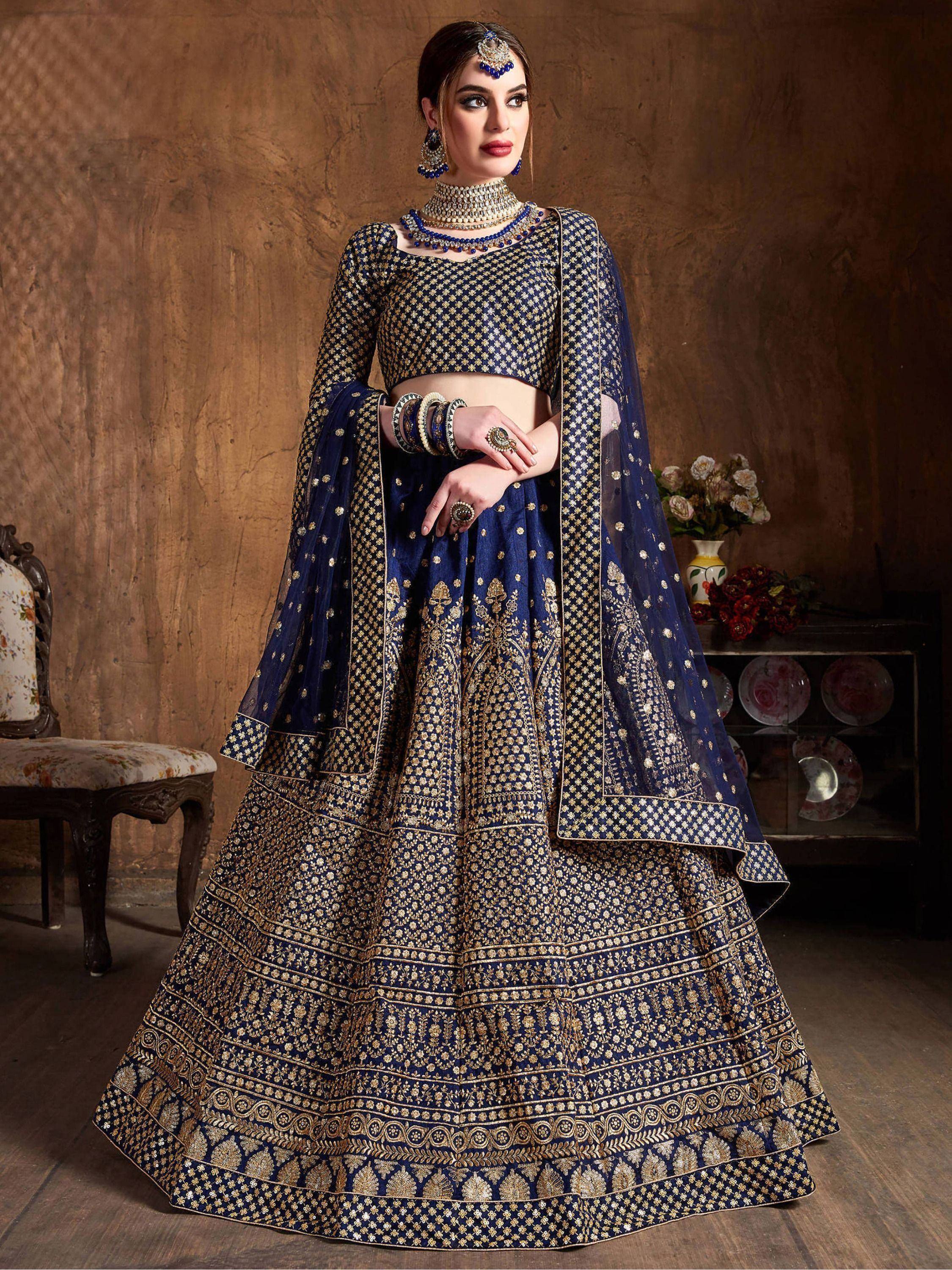 Blue and gold embroidered lehenga choli with dupatta, Indian ethnic wear for weddings and festivals