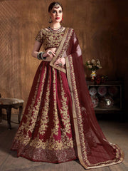 Maroon Embroidery Raw Silk Wedding Lehenga Choli With Dupatta