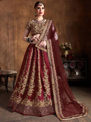 Maroon Embroidery Raw Silk Wedding Lehenga Choli With Dupatta
