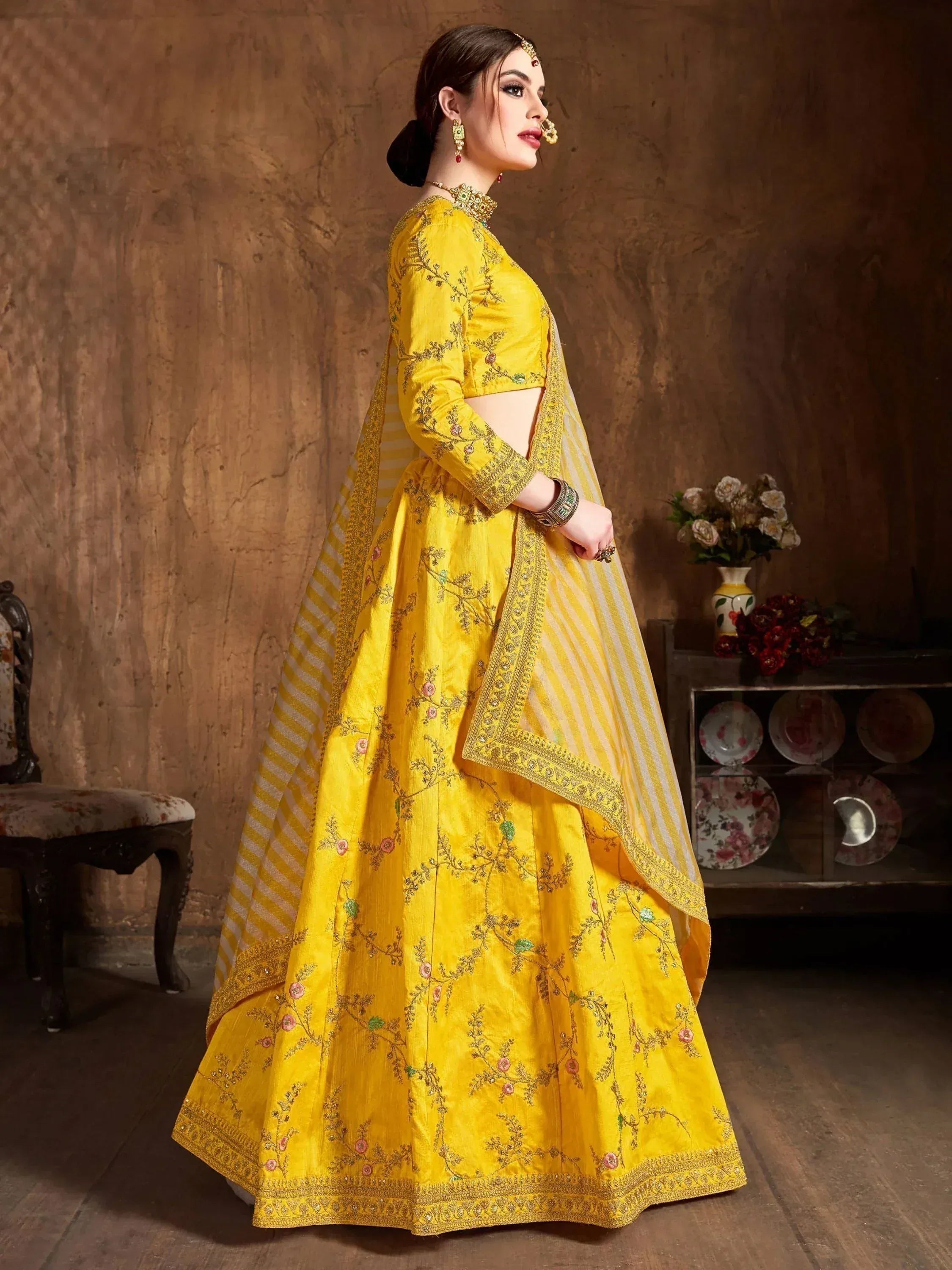 Yellow embroidered lehenga choli with floral design and striped dupatta, Indian ethnic wear