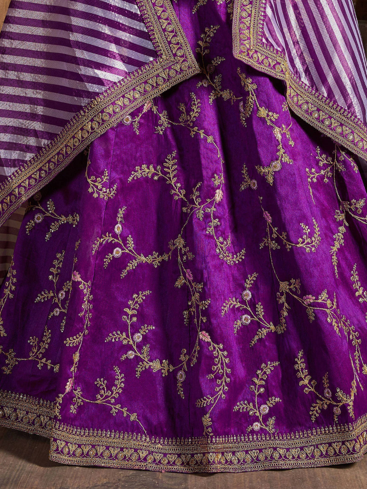Purple lehenga with gold floral embroidery and striped dupatta, Indian ethnic wear