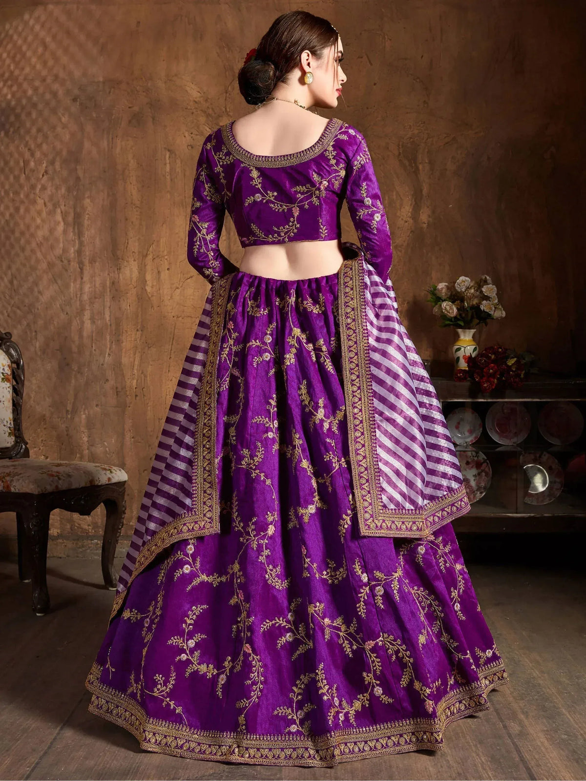 Purple embroidered lehenga choli with gold floral work and striped dupatta, Indian ethnic wear