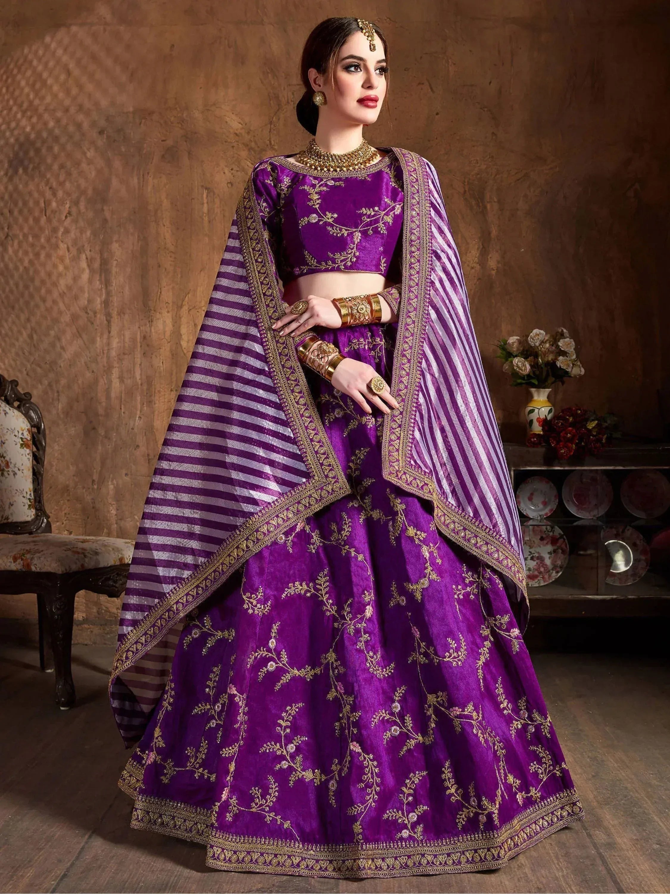 Purple embroidered lehenga choli with striped dupatta, Indian ethnic wear for weddings