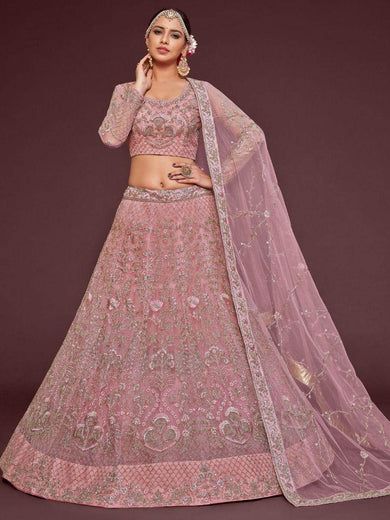 Enchanting Light Pink Embroidered Soft Net Wedding wear Lehenga Choli