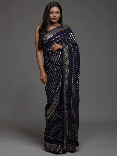 Adorable Navy Blue Sequins Georgette Party Wear Saree With Blouse
