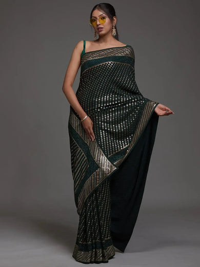 Charming Green Sequins Georgette Reception Wear Saree With Blouse