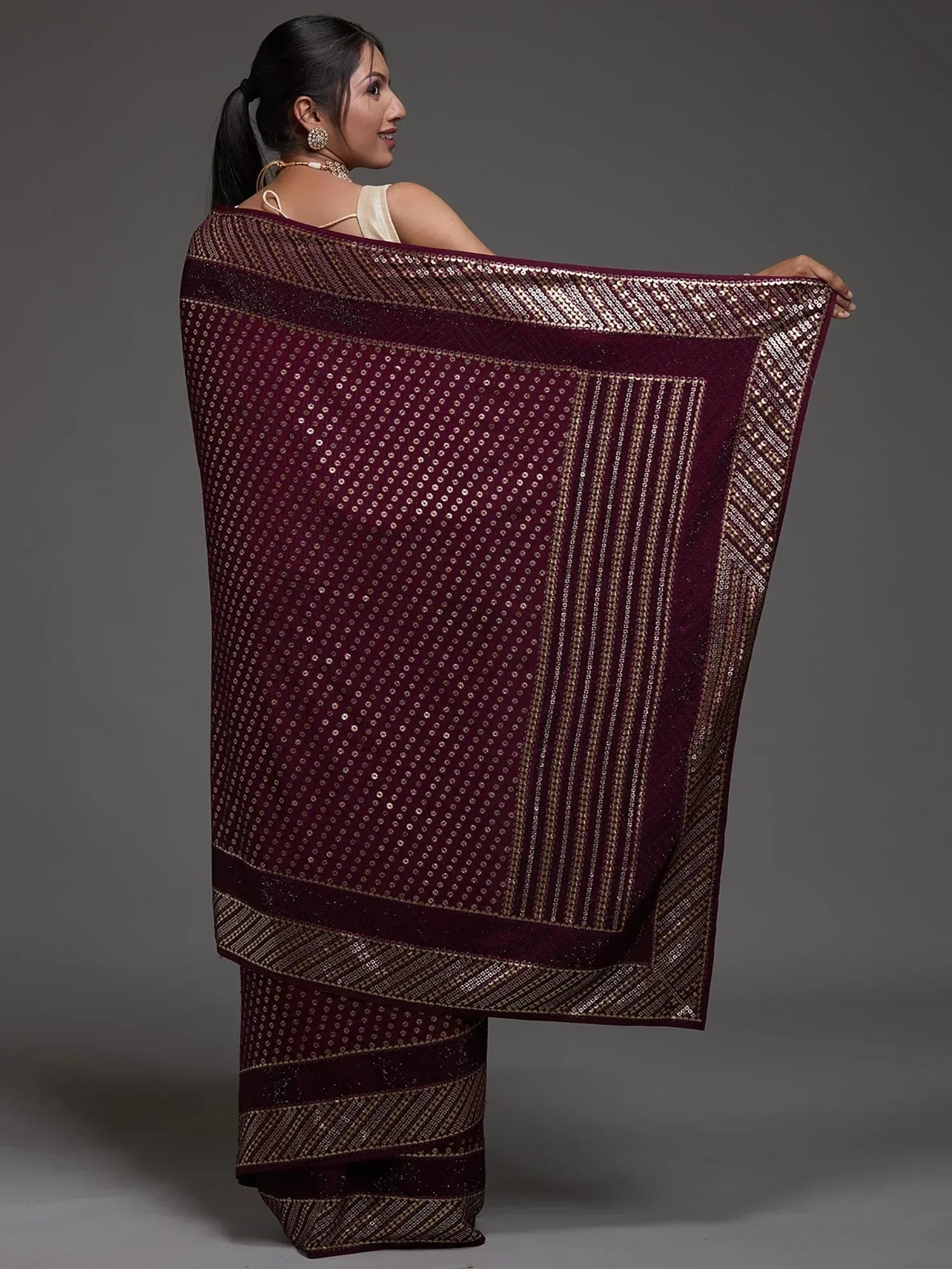 Precious Maroon Sequins Georgette Cocktail Party Wear Saree