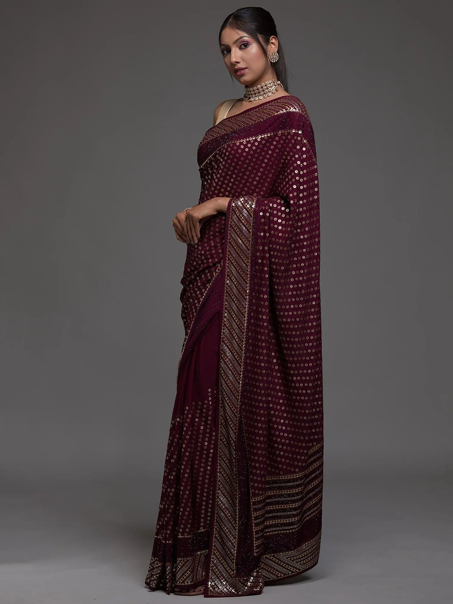 Precious Maroon Sequins Georgette Cocktail Party Wear Saree
