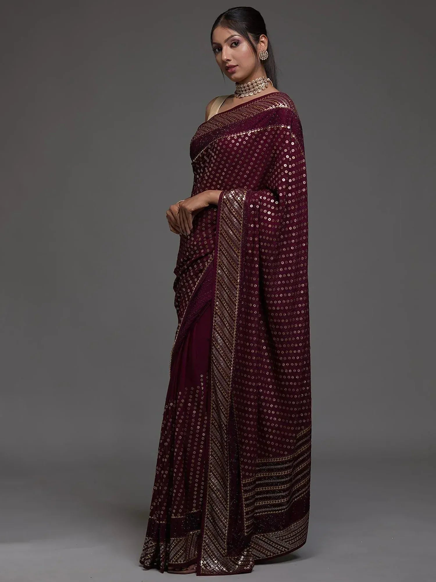 Maroon sequin saree with gold border, Indian ethnic wear for women