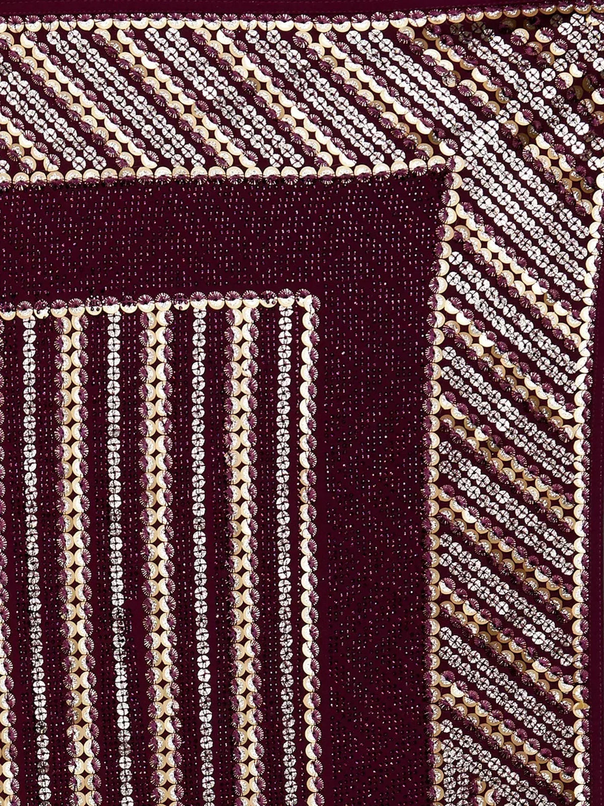 Elegant maroon ethnic wear with intricate gold and silver sequin patterns for festive occasions
