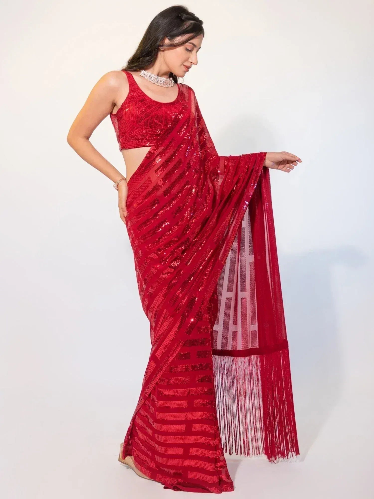Red sequin saree with fringe border, designer ethnic wear for women