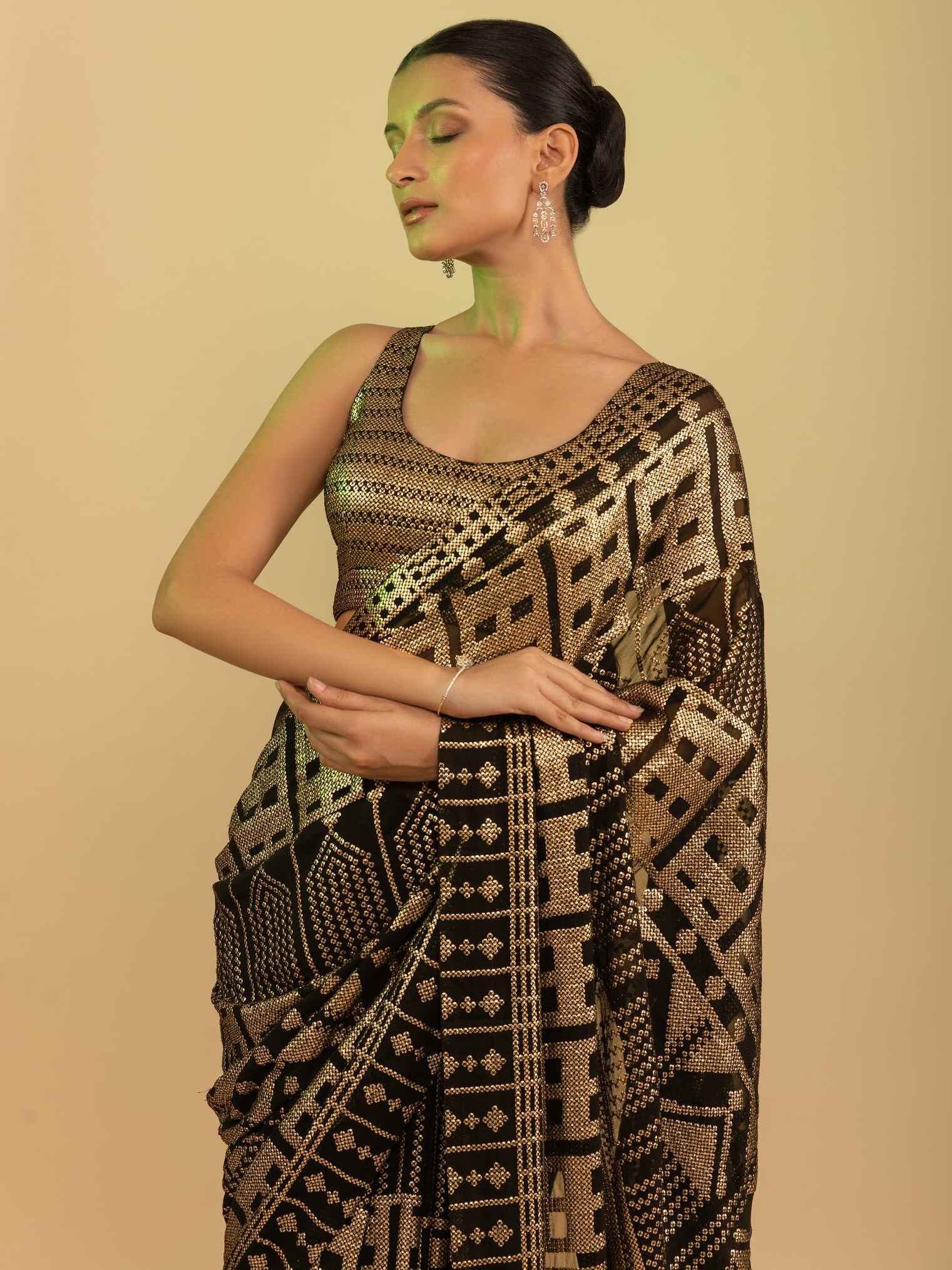 Enchanting Black Sequins Georgette Event Wear Saree With Blouse