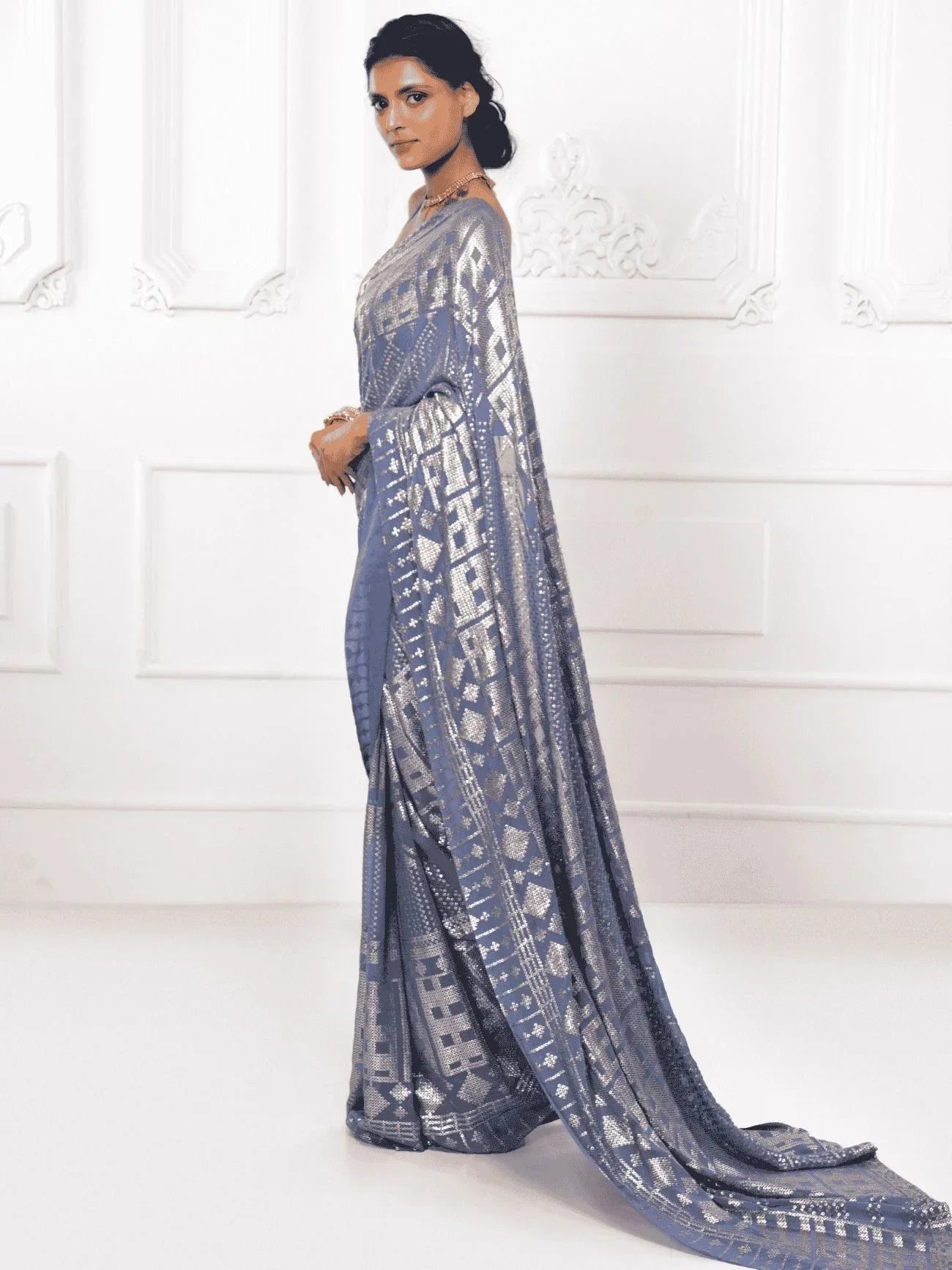 Glamorous Grey Sequins Georgette Cocktail Party Wear Saree