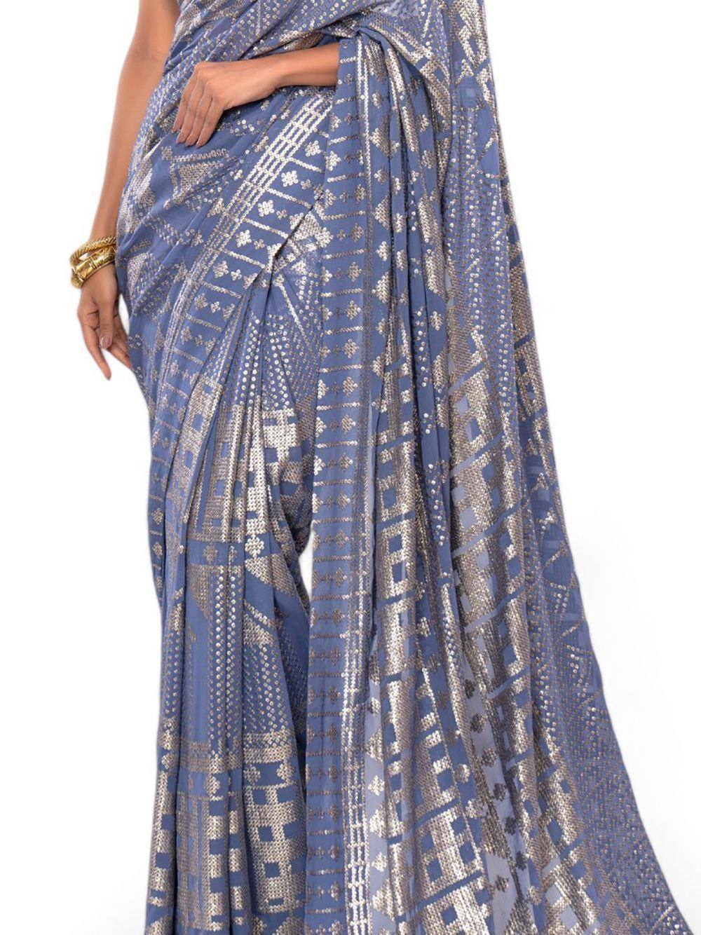 Blue ethnic saree with silver geometric print, perfect for Indian occasions and festive wear