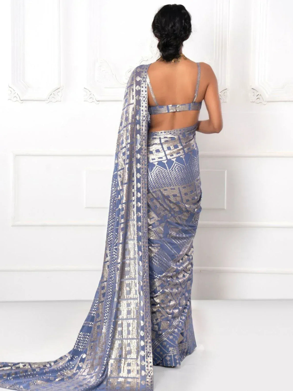 Blue and silver geometric patterned saree with backless blouse, ethnic Indian wear
