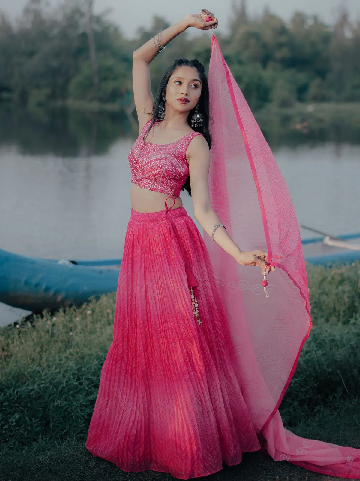 Pink printed lehenga choli with dupatta, ethnic wear for women, perfect for festive occasions and weddings