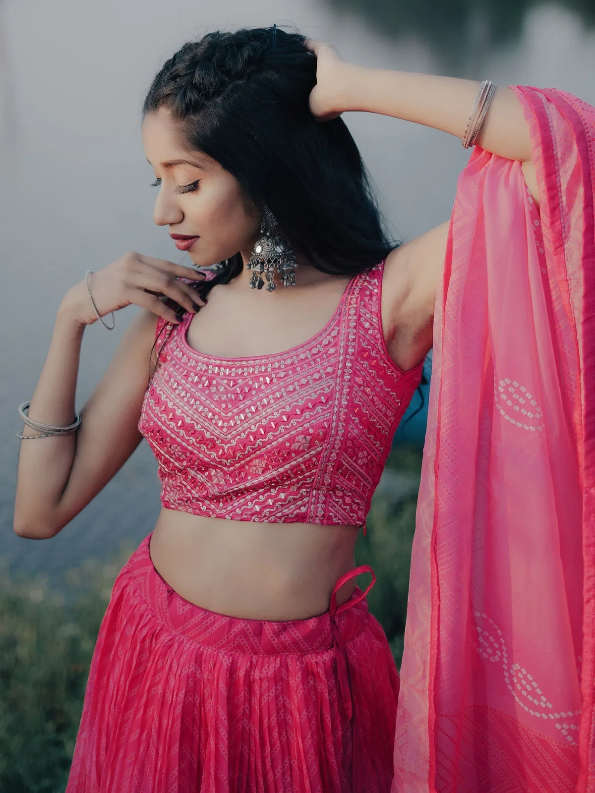 Pink embroidered lehenga choli with matching dupatta, traditional Indian ethnic wear