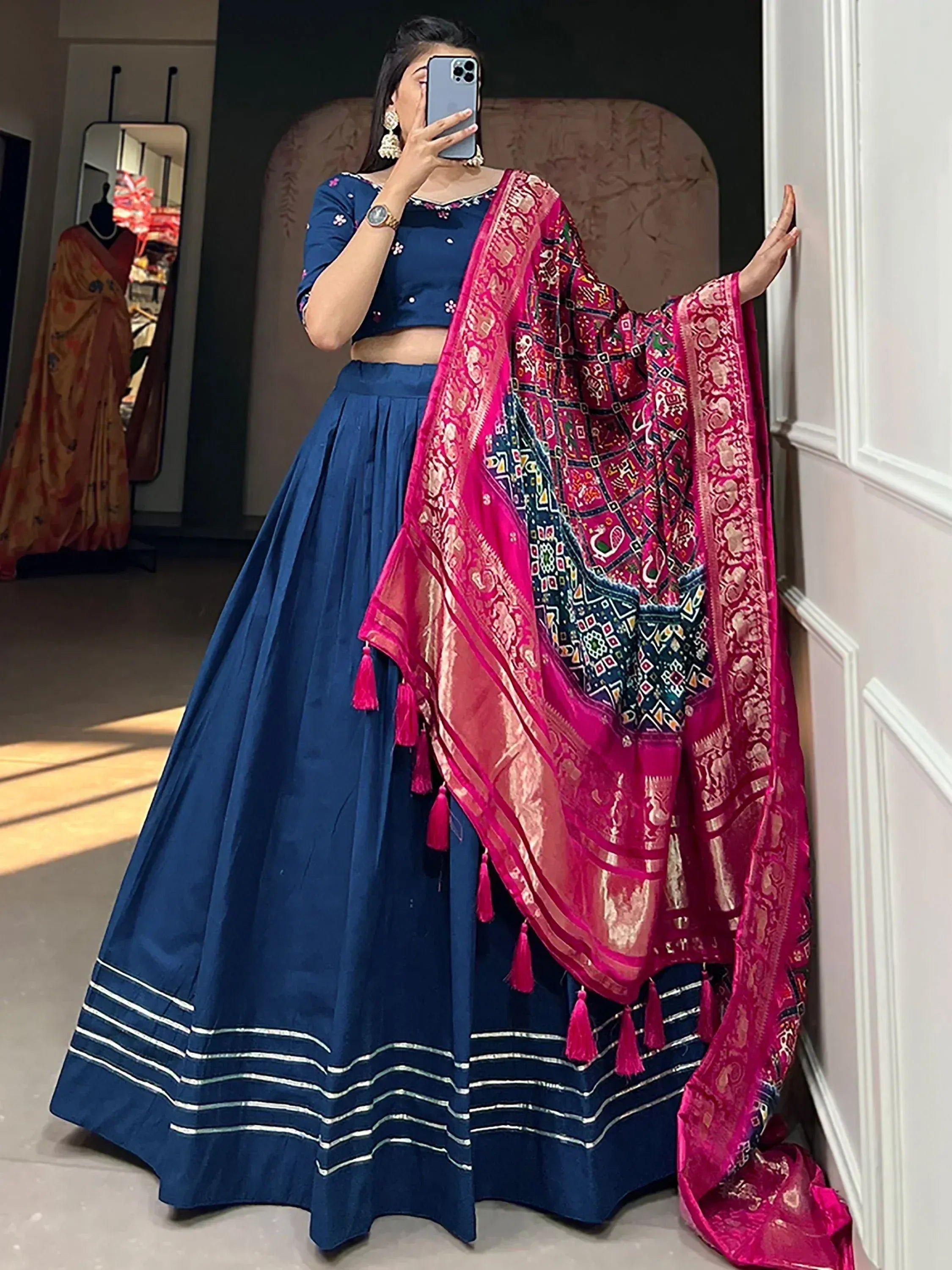 Blue lehenga choli with pink embroidered dupatta, Indian ethnic wear for women