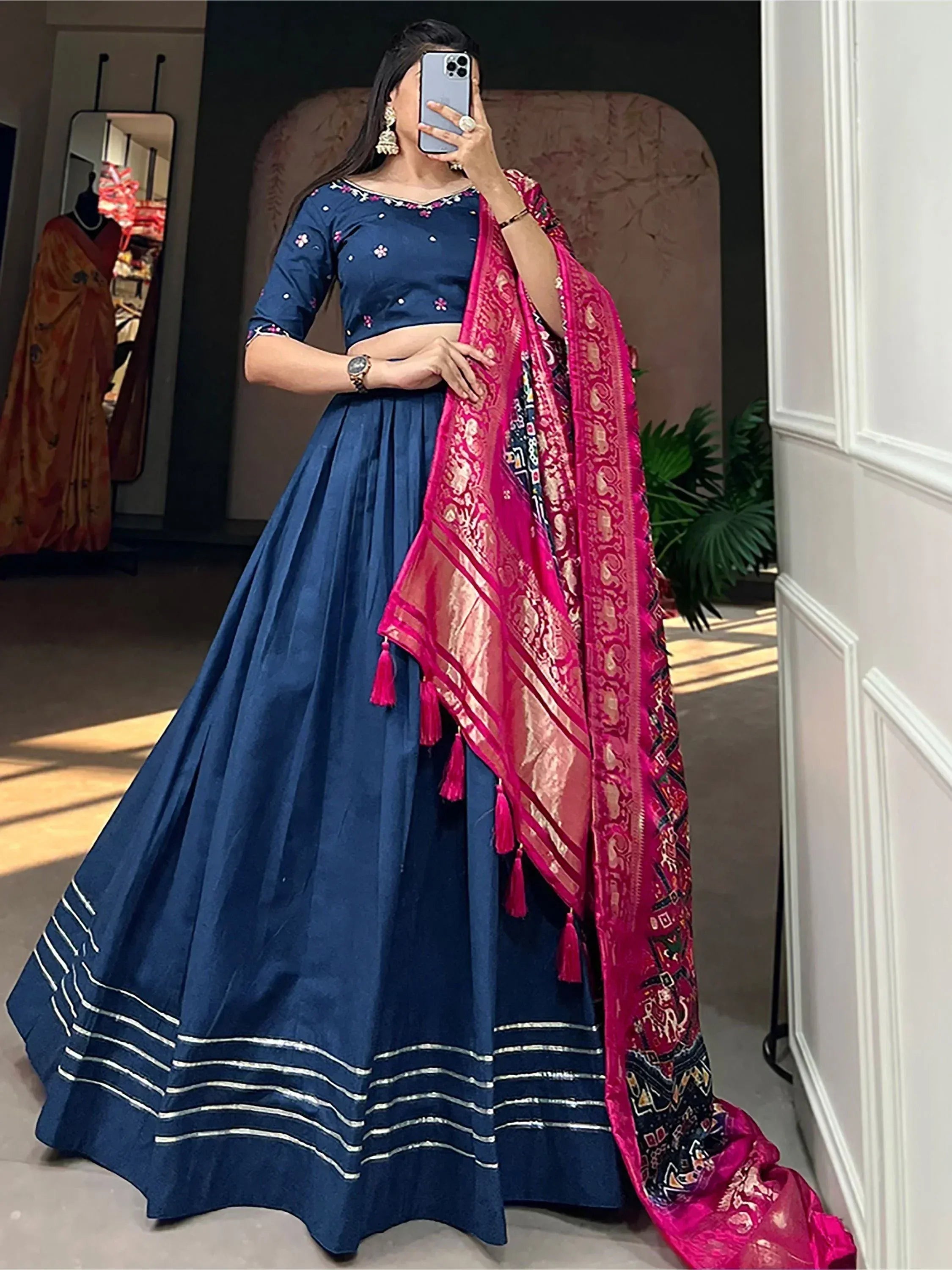 Navy blue lehenga choli with pink embroidered dupatta, ethnic Indian wear for women
