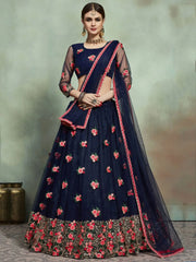 Navy Blue Sequins Net Bridal Lehenga Choli With Dupatta