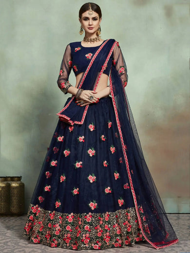 Navy Blue Sequins Net Bridal Lehenga Choli With Dupatta