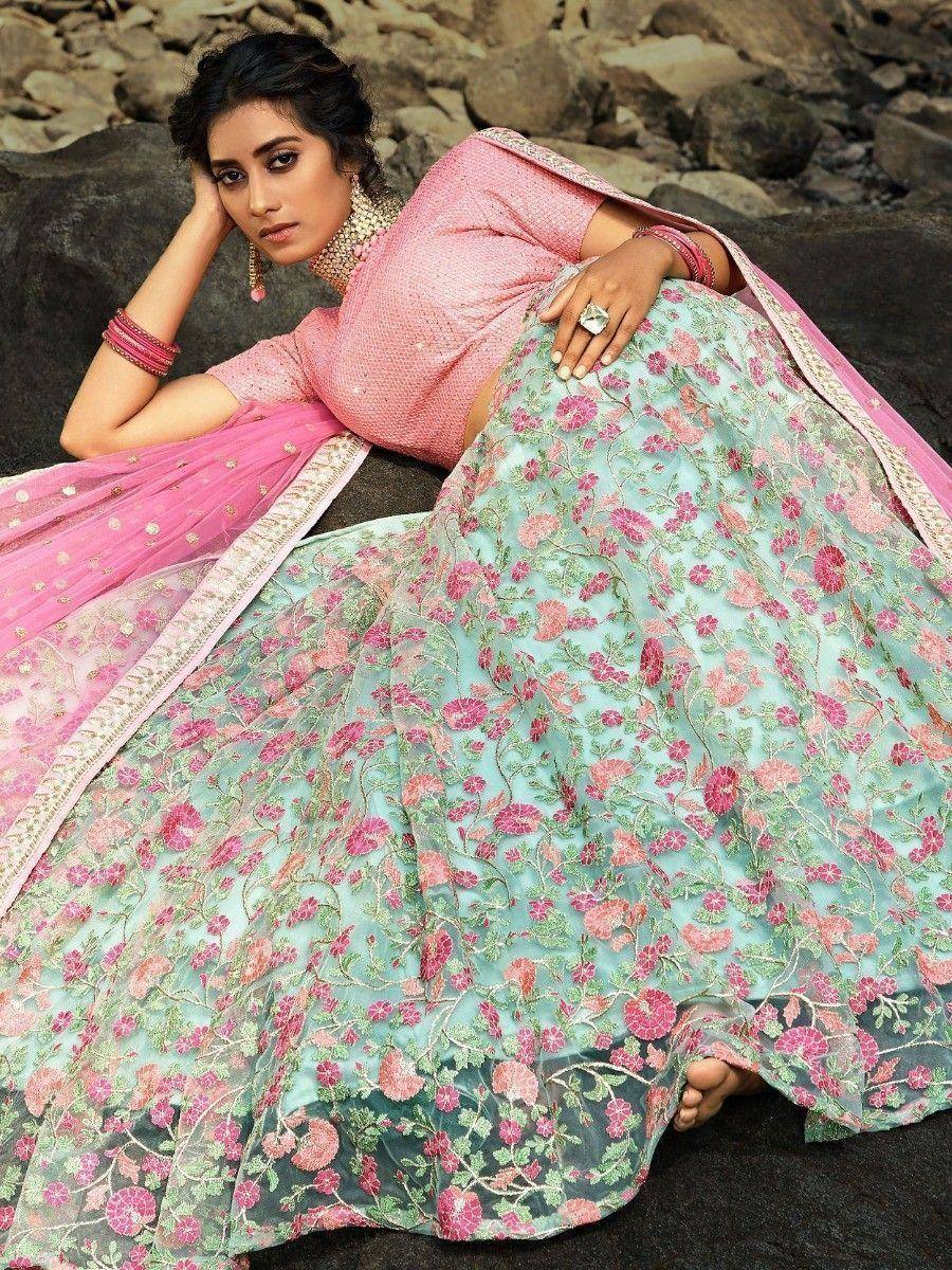 Pink and mint floral lehenga choli with embroidered dupatta, perfect for Indian ethnic occasions