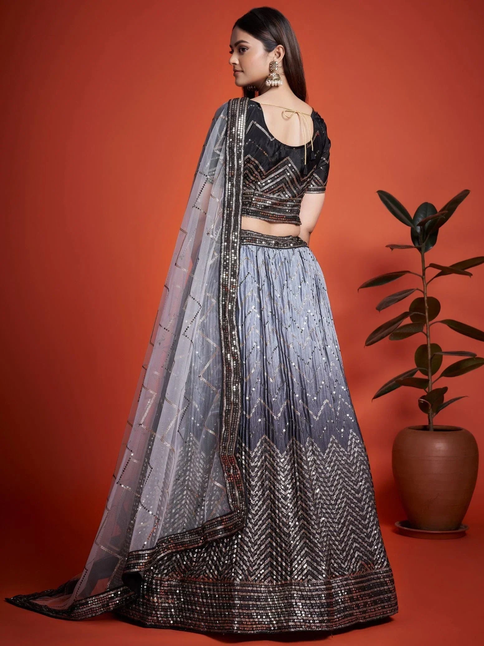 Grey and black sequin lehenga choli with chevron pattern, sheer dupatta, ethnic Indian wear