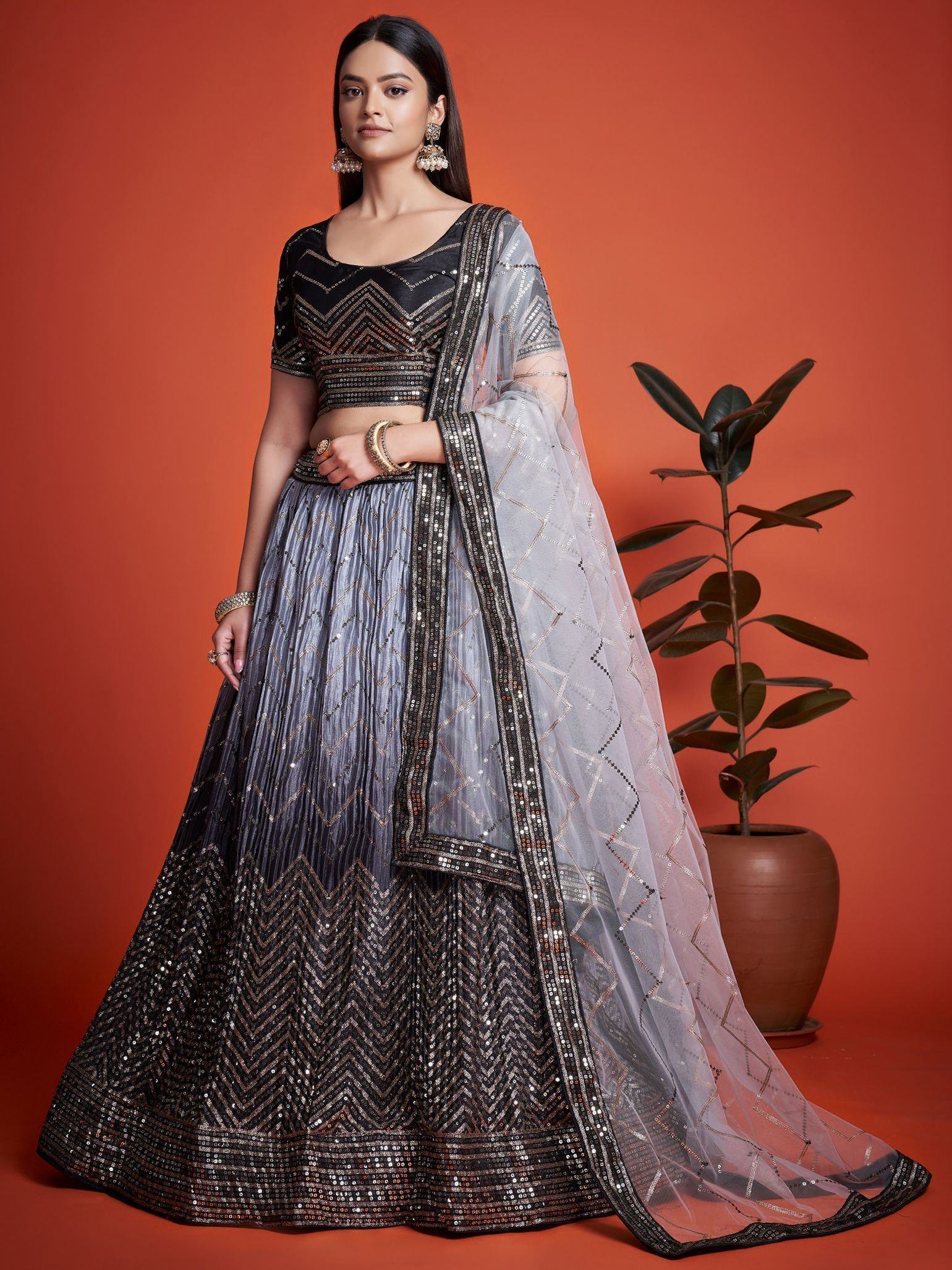 Black and silver sequin lehenga choli with sheer dupatta, ethnic Indian wedding wear