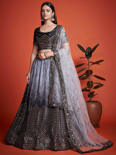 Astonishing Black Sequins Chinon Reception Wear Lehenga Choli