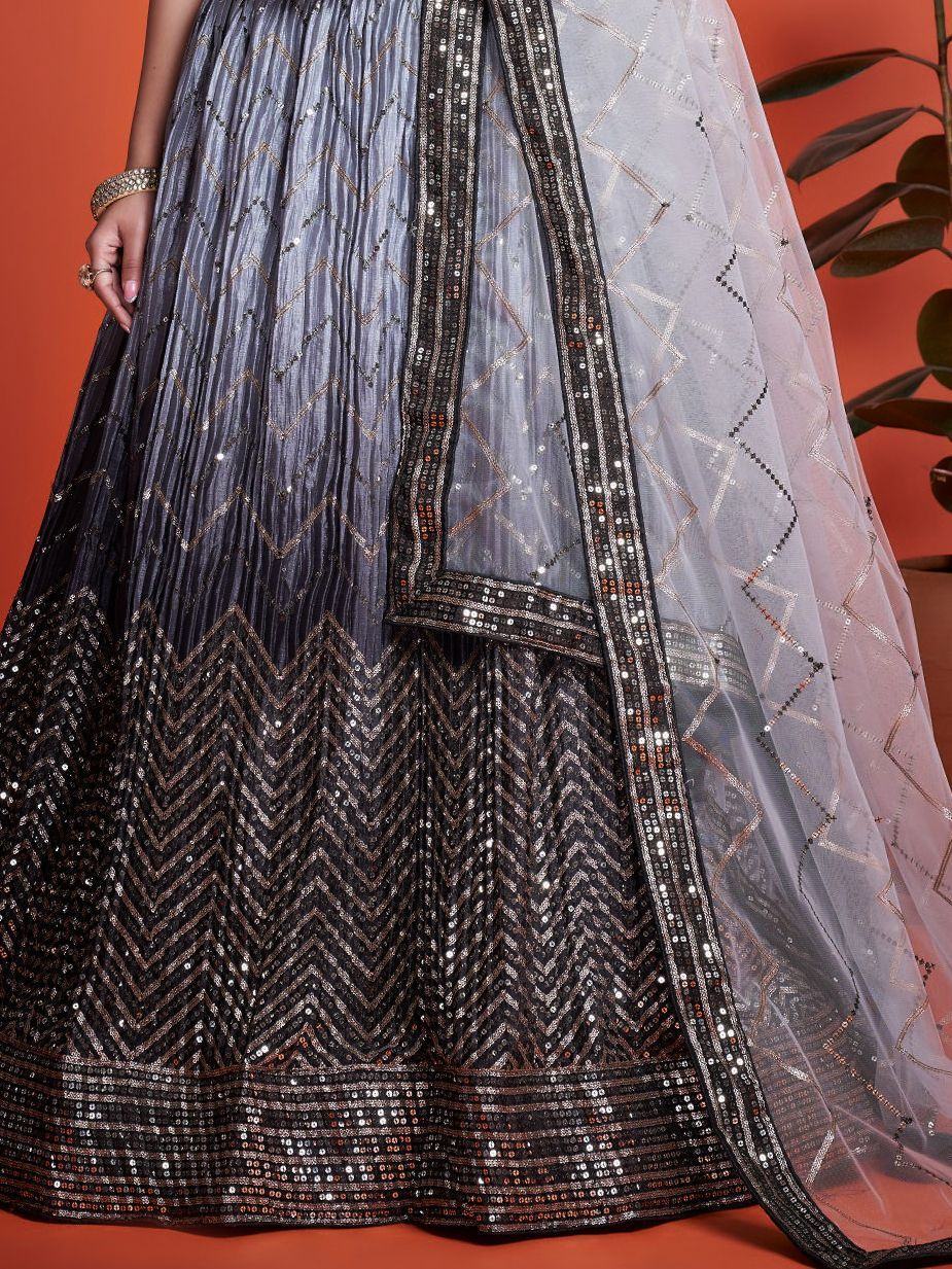Grey and black sequin lehenga with chevron pattern and sheer dupatta, ethnic Indian wear