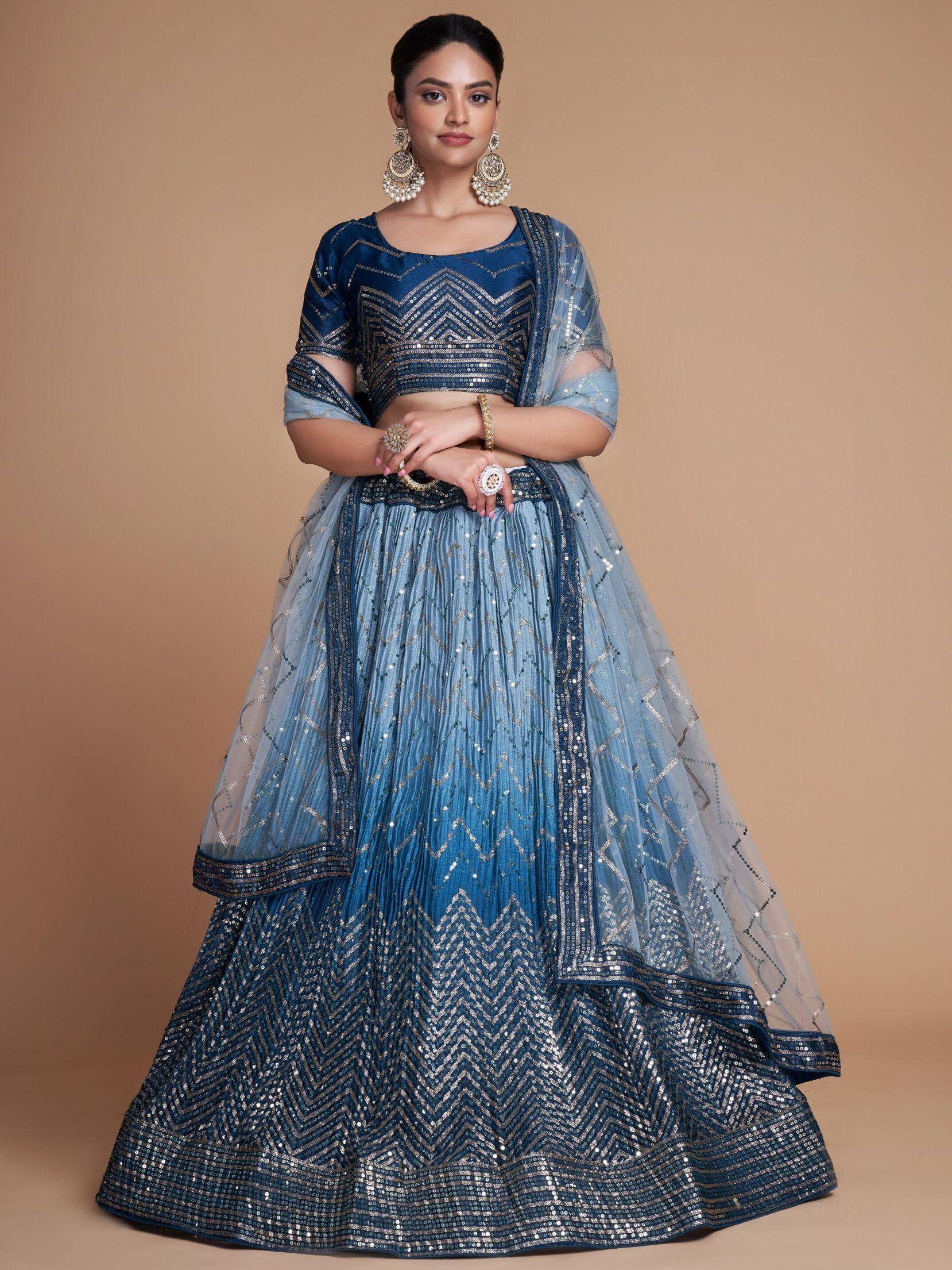 Blue designer lehenga choli with sequin chevron patterns, perfect for Indian ethnic wear events