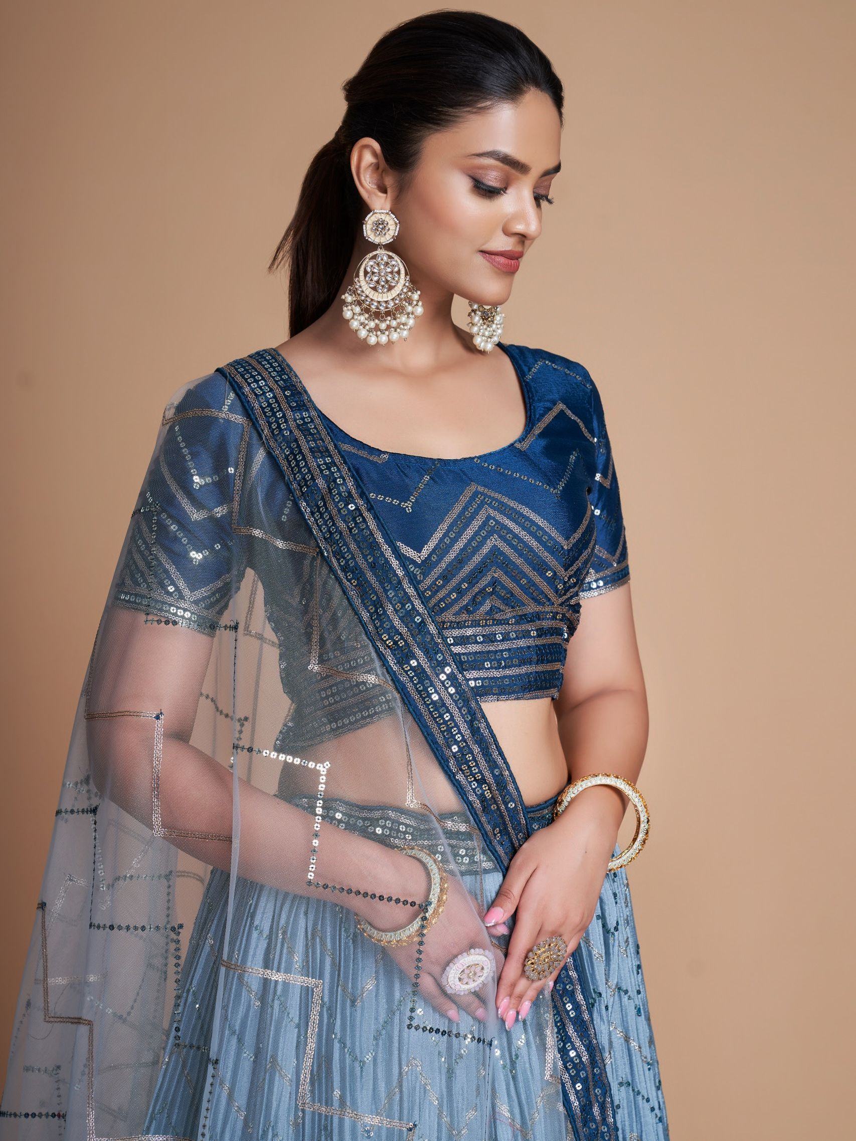 Blue sequin lehenga choli with sheer dupatta, ethnic Indian wear for women