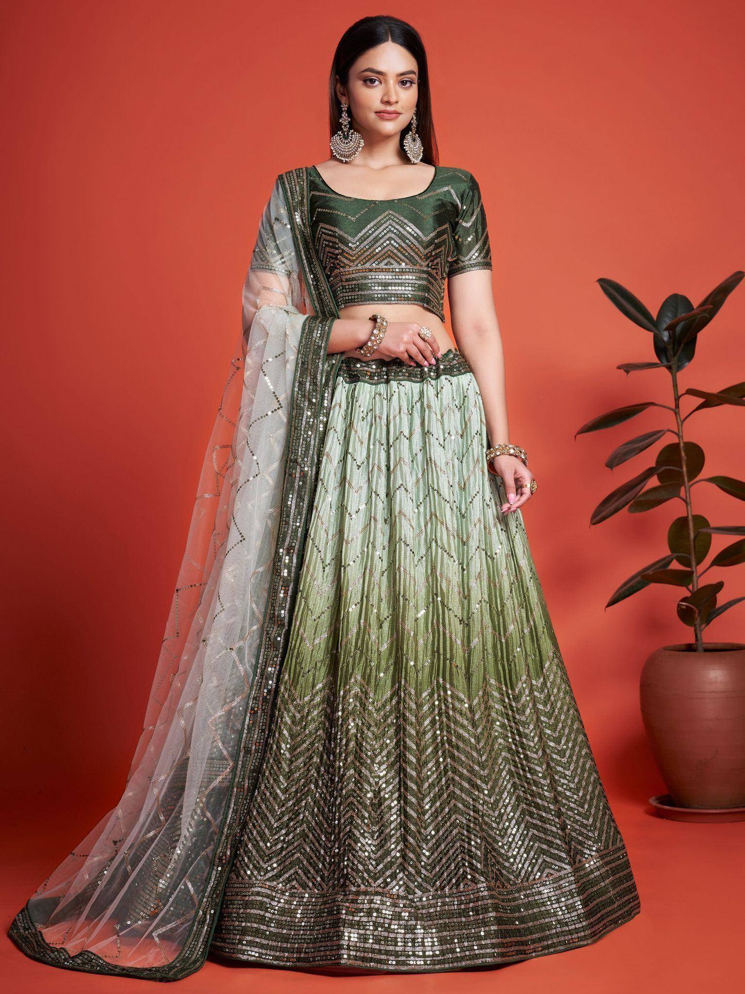 Green sequin lehenga choli with chevron pattern, sheer dupatta, Indian ethnic wear for weddings