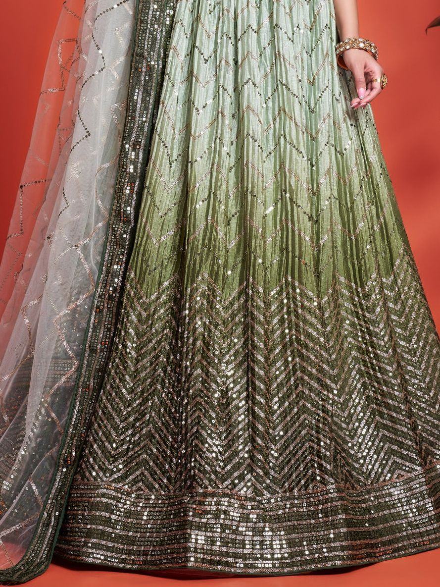 Olive green lehenga with chevron sequin embroidery and sheer dupatta, Indian ethnic wear