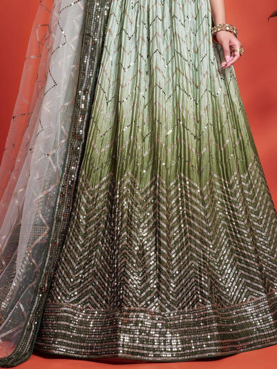 Olive green lehenga with chevron sequin embroidery and sheer dupatta, Indian ethnic wear