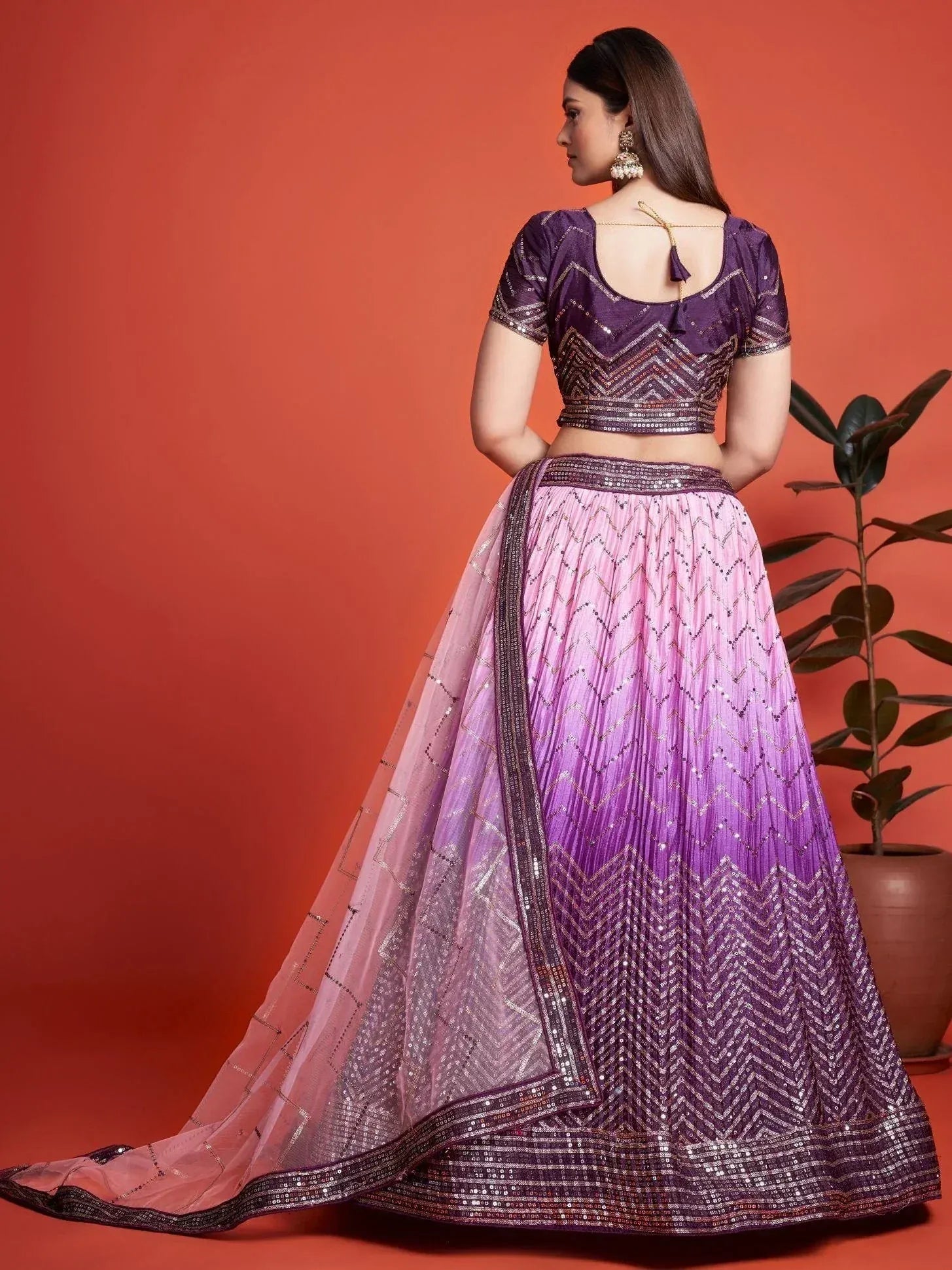 Purple and pink ombre lehenga choli with sequin chevron design, perfect for Indian ethnic wear events.