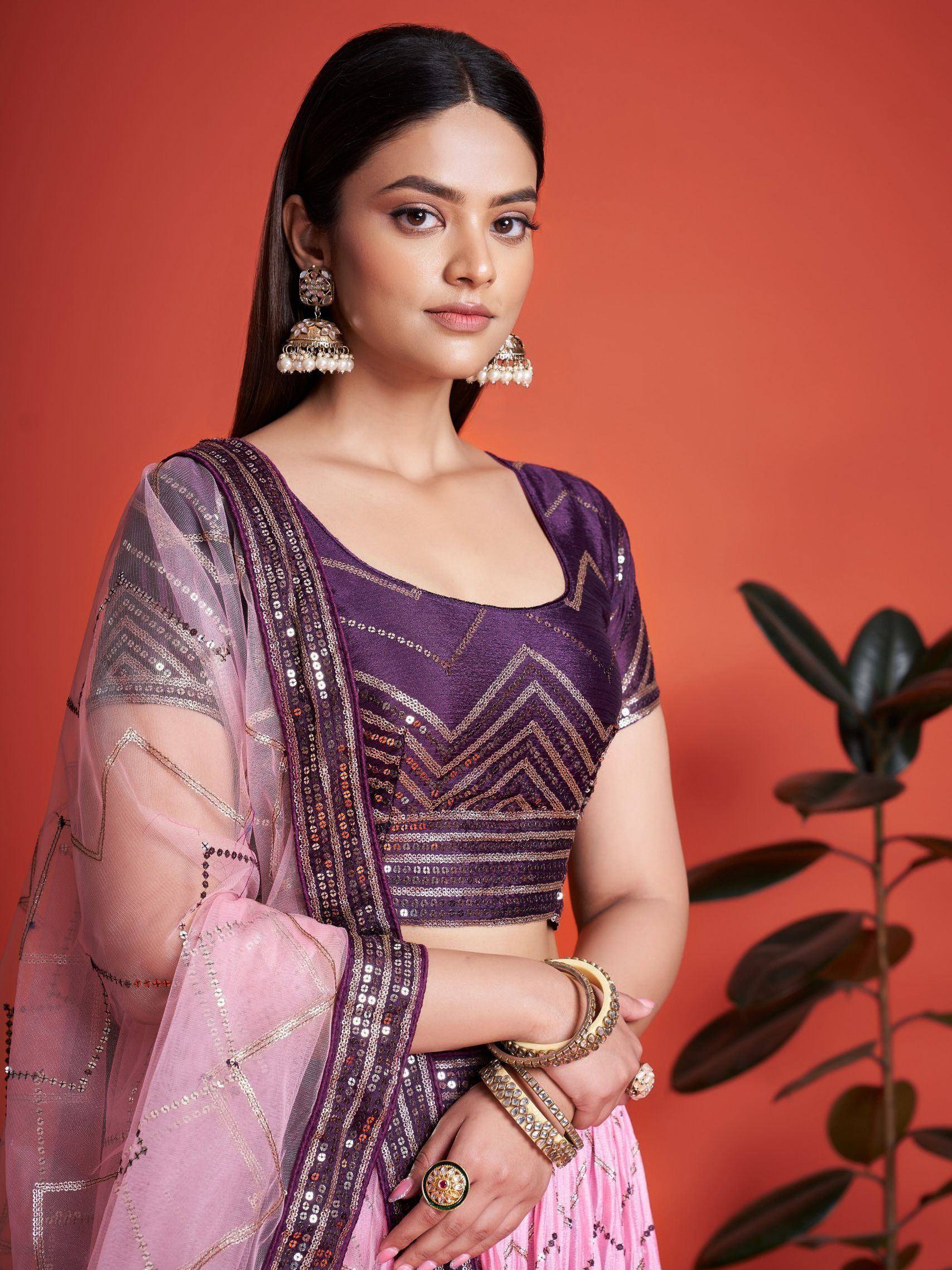 Purple sequin lehenga choli with pink dupatta, ethnic Indian wear for festive occasions