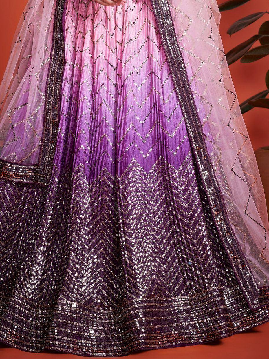 Purple ombre lehenga with chevron sequin embroidery and sheer dupatta, ethnic Indian wear