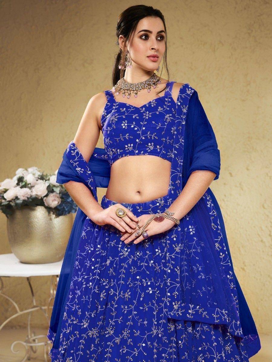 Royal blue embroidered lehenga choli with floral thread work, perfect for Indian ethnic wear occasions