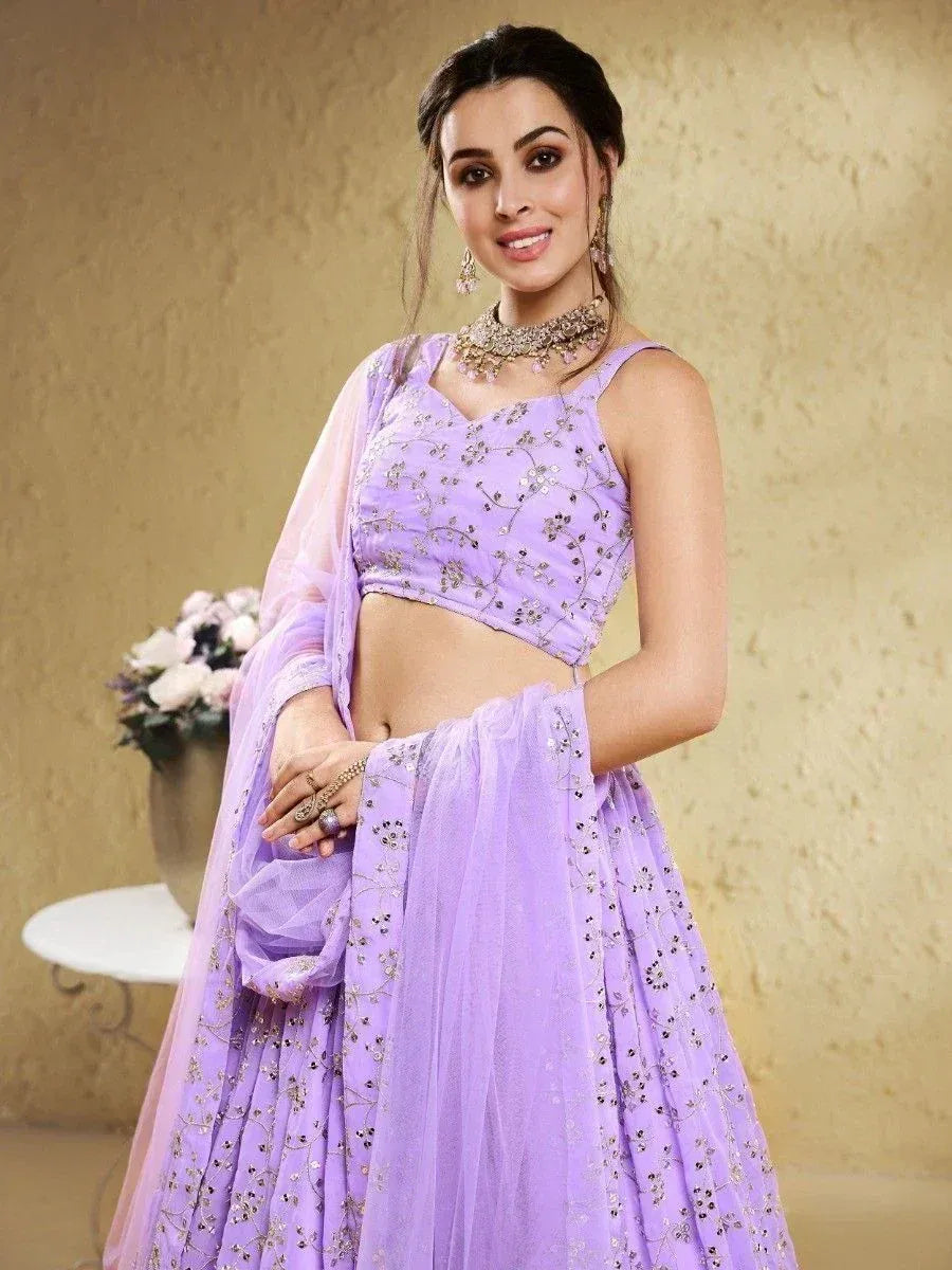 Lavender designer lehenga choli with floral embroidery and net dupatta, perfect for Indian ethnic occasions