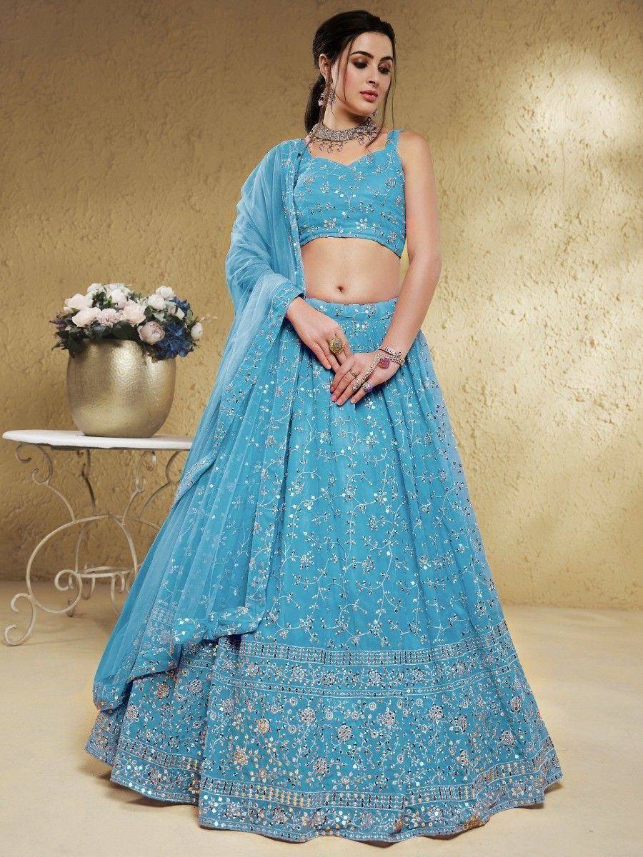 Blue embroidered lehenga choli with floral detailing, perfect for Indian ethnic wear occasions