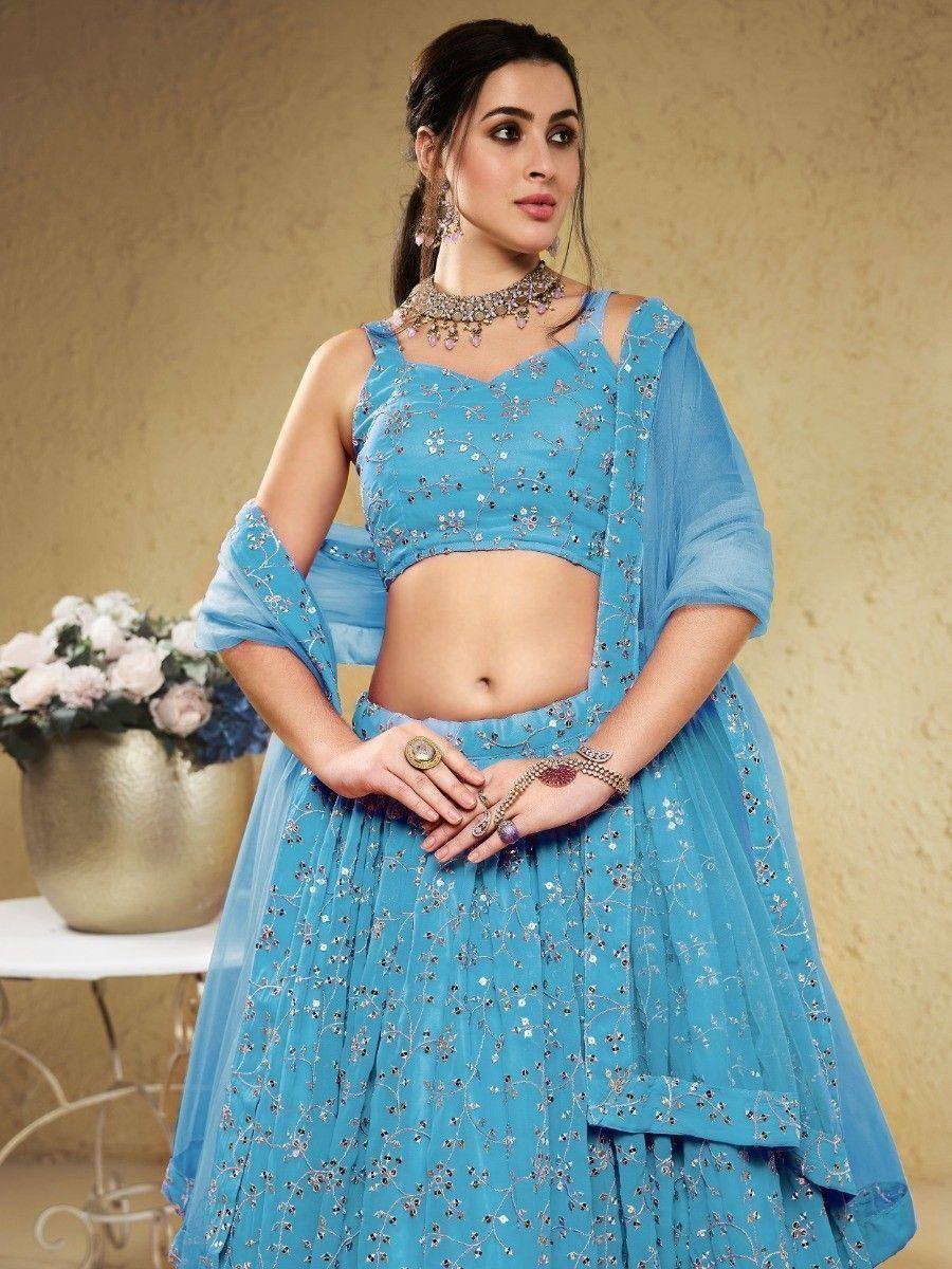 Blue embroidered lehenga choli with floral sequin work, perfect for Indian ethnic occasions